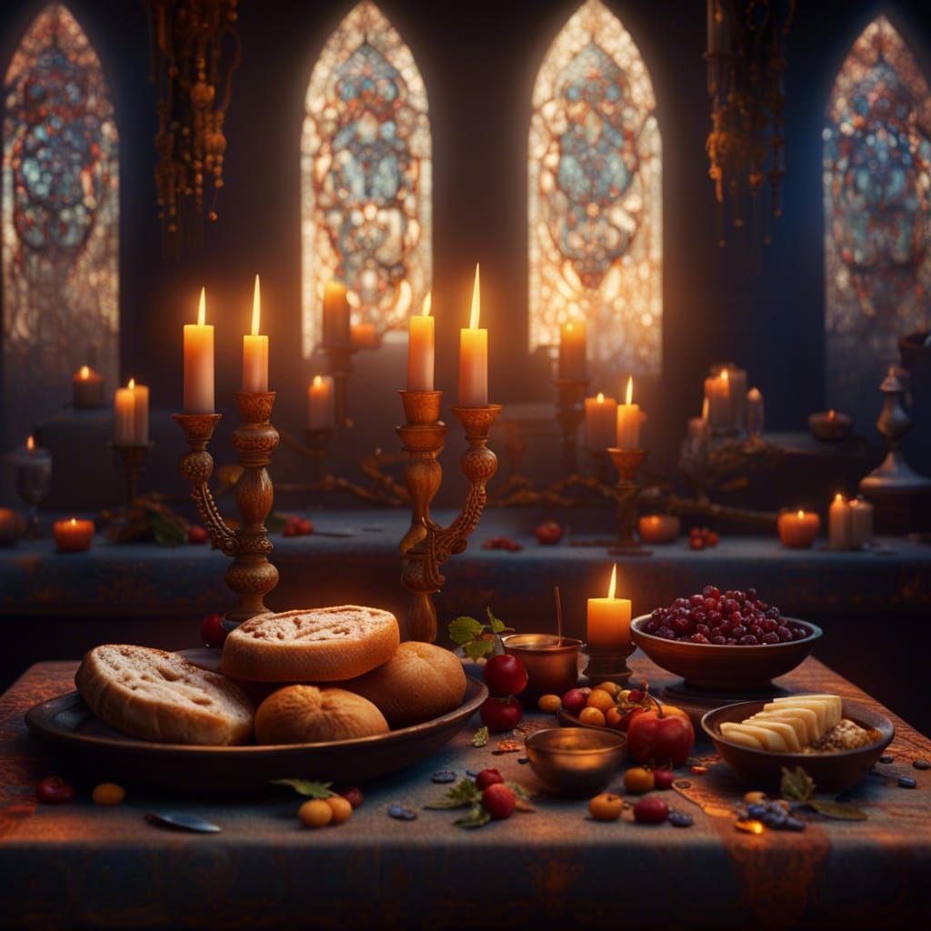 Shabbat Table with Candles and Challah, Detailed Matte Paint...