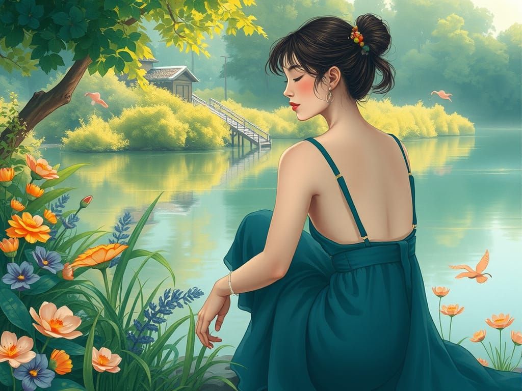 Woman by Riverbank in Delicate Watercolor Style