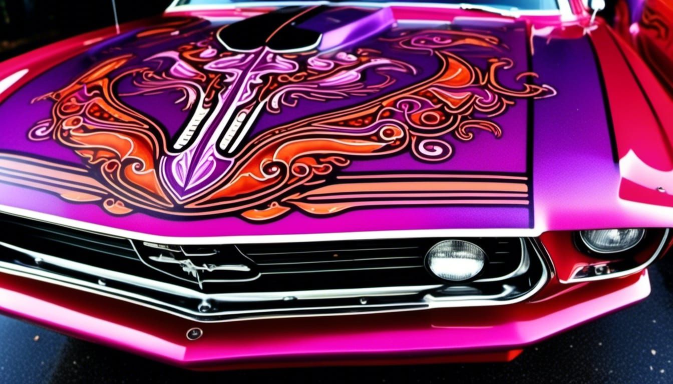 Mustang Hood Mural: Biomechanical Art, Airbrushed Pinstripes