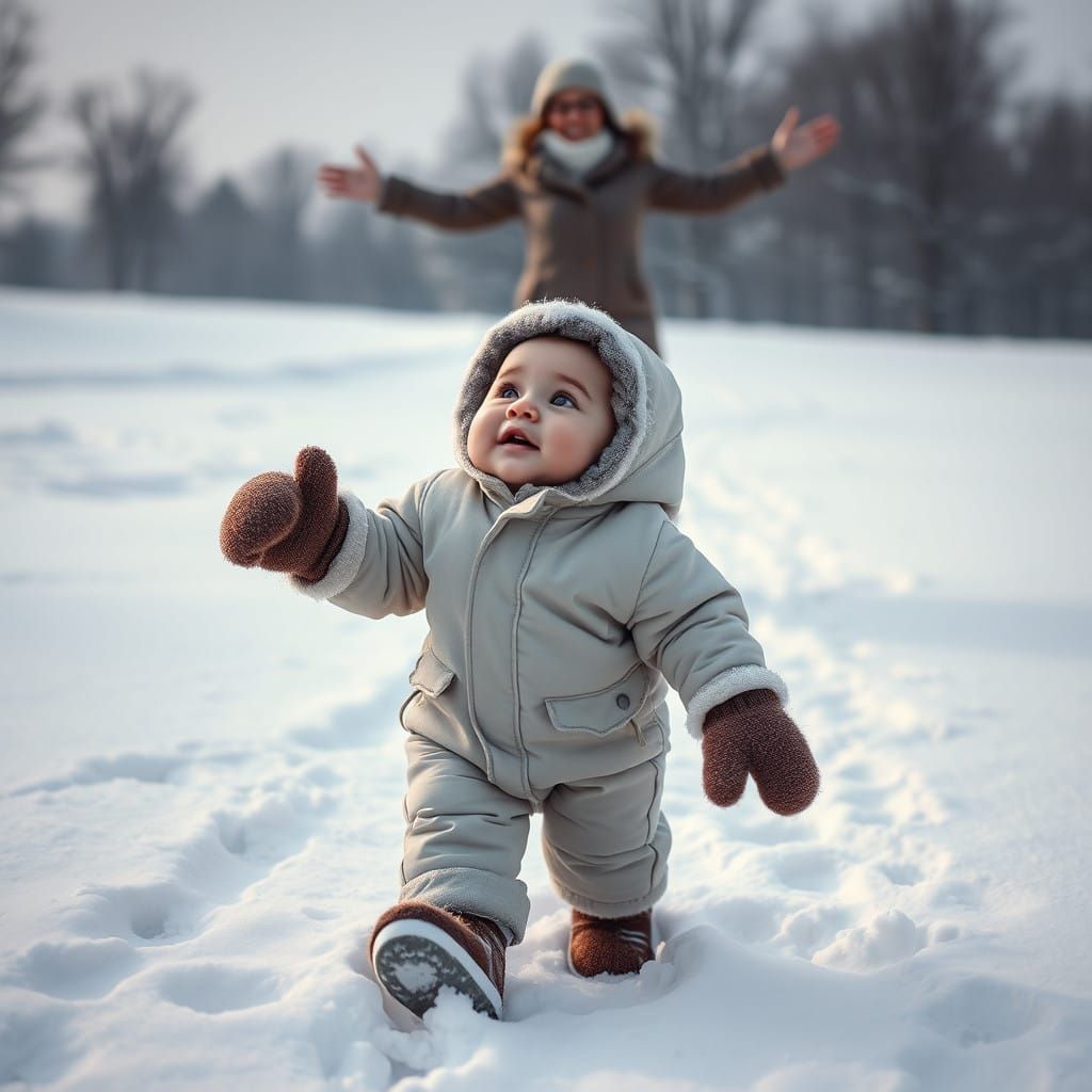 Serene Winter Mother and Child Moment in Hyperrealistic Styl...