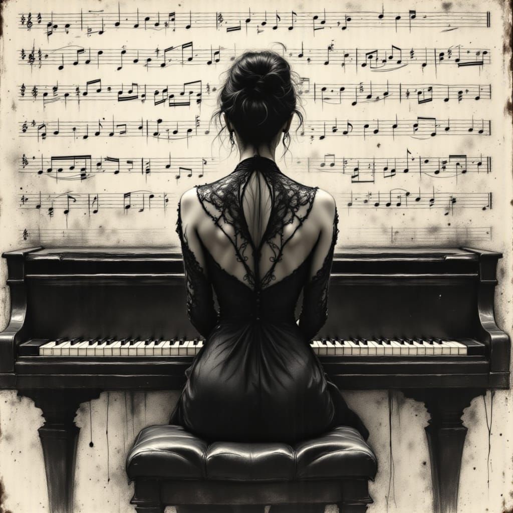 Charcoal Woman Plays Piano in Mixed-Media Style