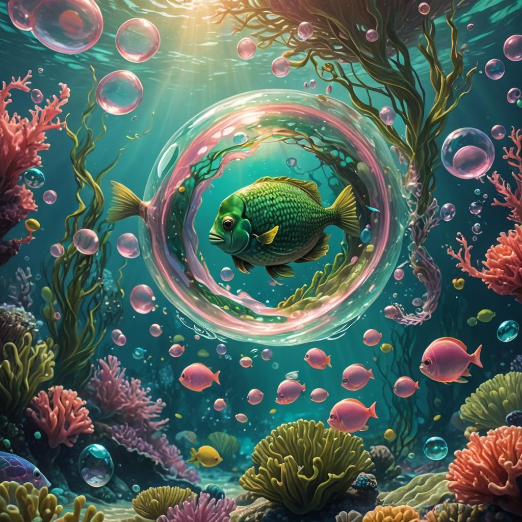 Underwater Scene with Square Fish, Digital Art