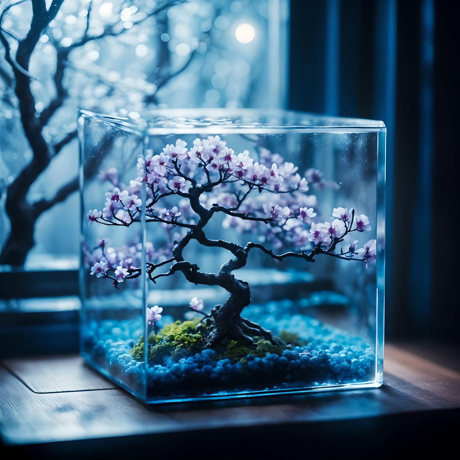 Luminous Blue Sakura Tree in Terrarium