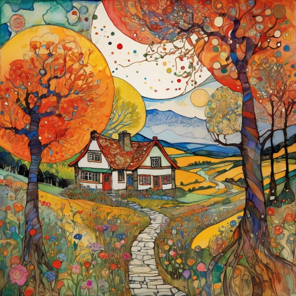 Naive Folk Art Landscape With Blooming Flowers