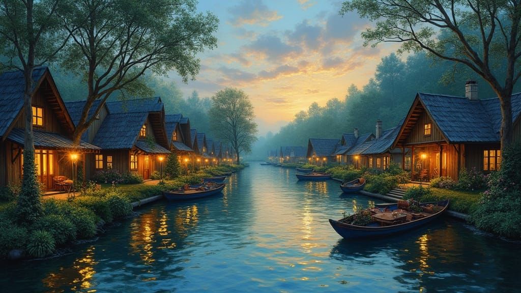 Gouache Masterpiece: Serene River Village at Dusk
