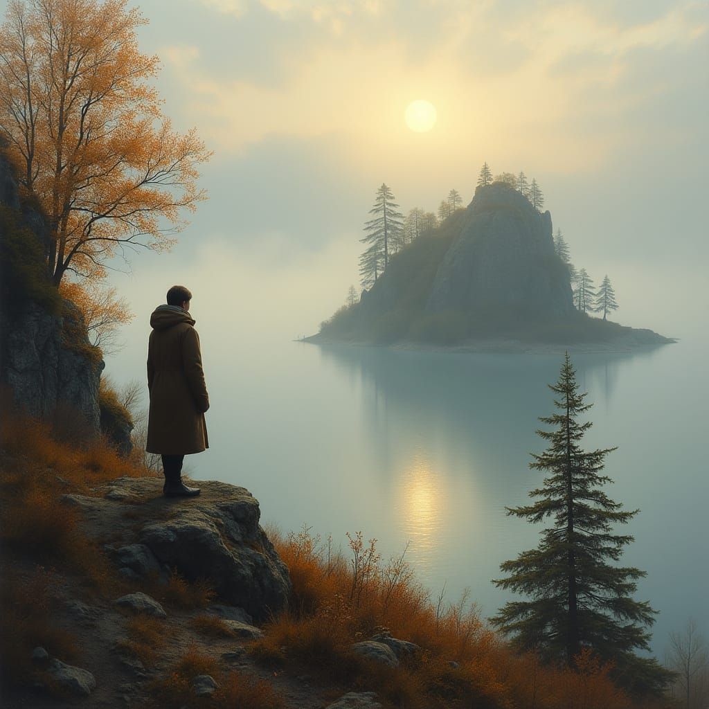 Autumn Wanderer Contemplates Serene Lake Landscape