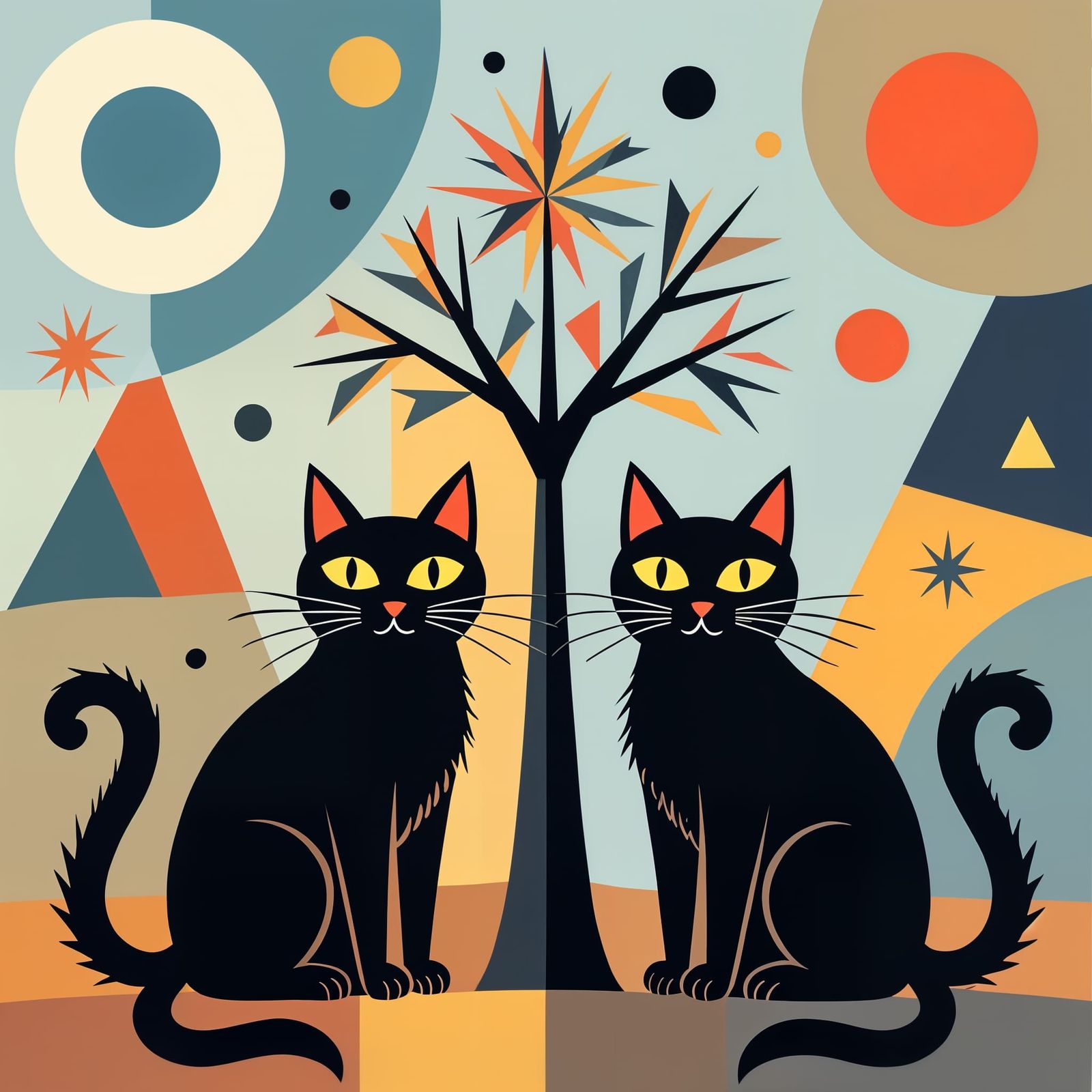 Two Black Cats Under a Geometric Tree