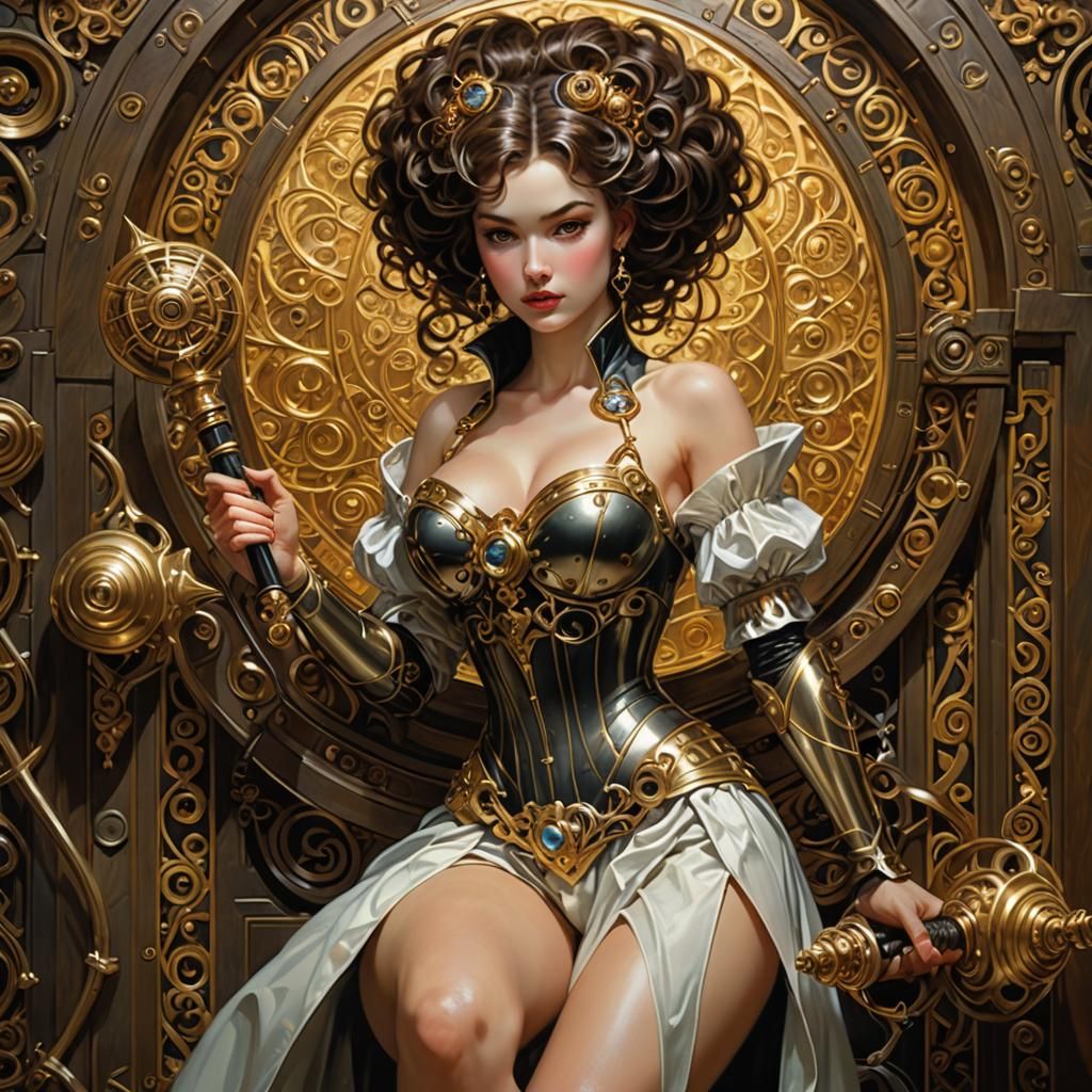 Fantasy Warrior with Metallic Mace, Klimt-Inspired Art