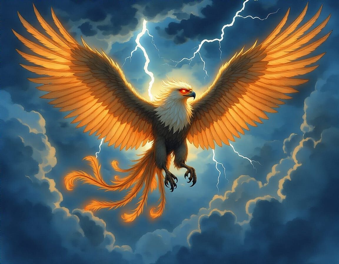 Majestic Golden Griffin Soaring Through Stormy Skies