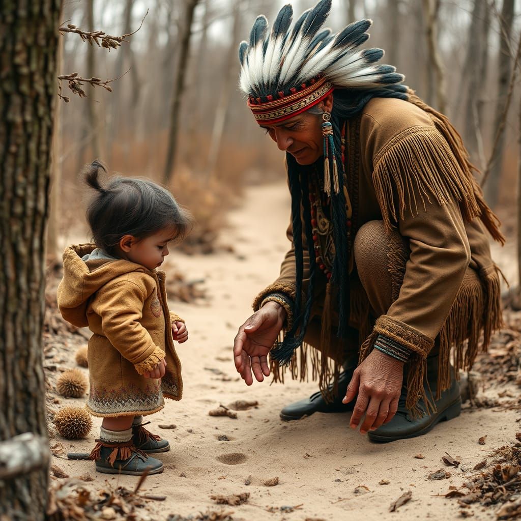 Native American Elder Teaches Grandchildren Tracking