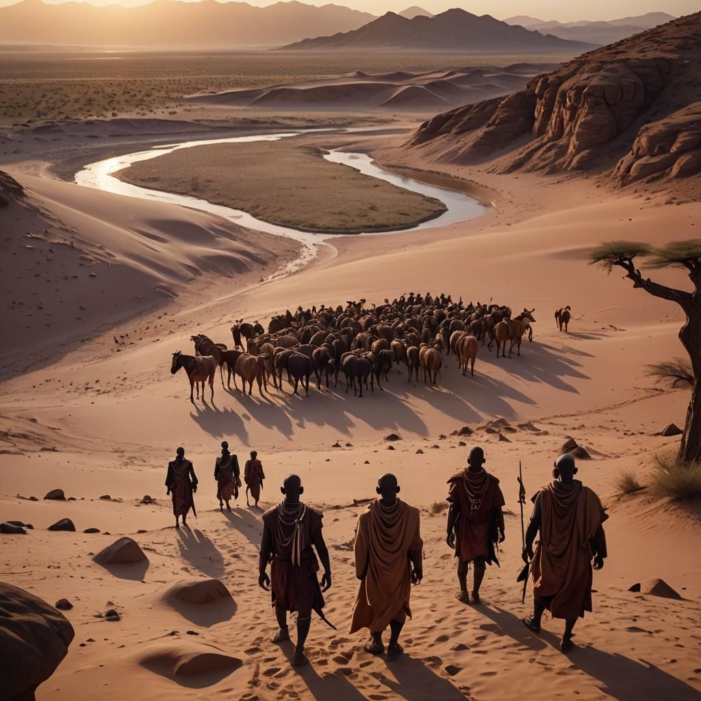 Himba Tribe in Desert Cave at Sunset: Cinematic Still