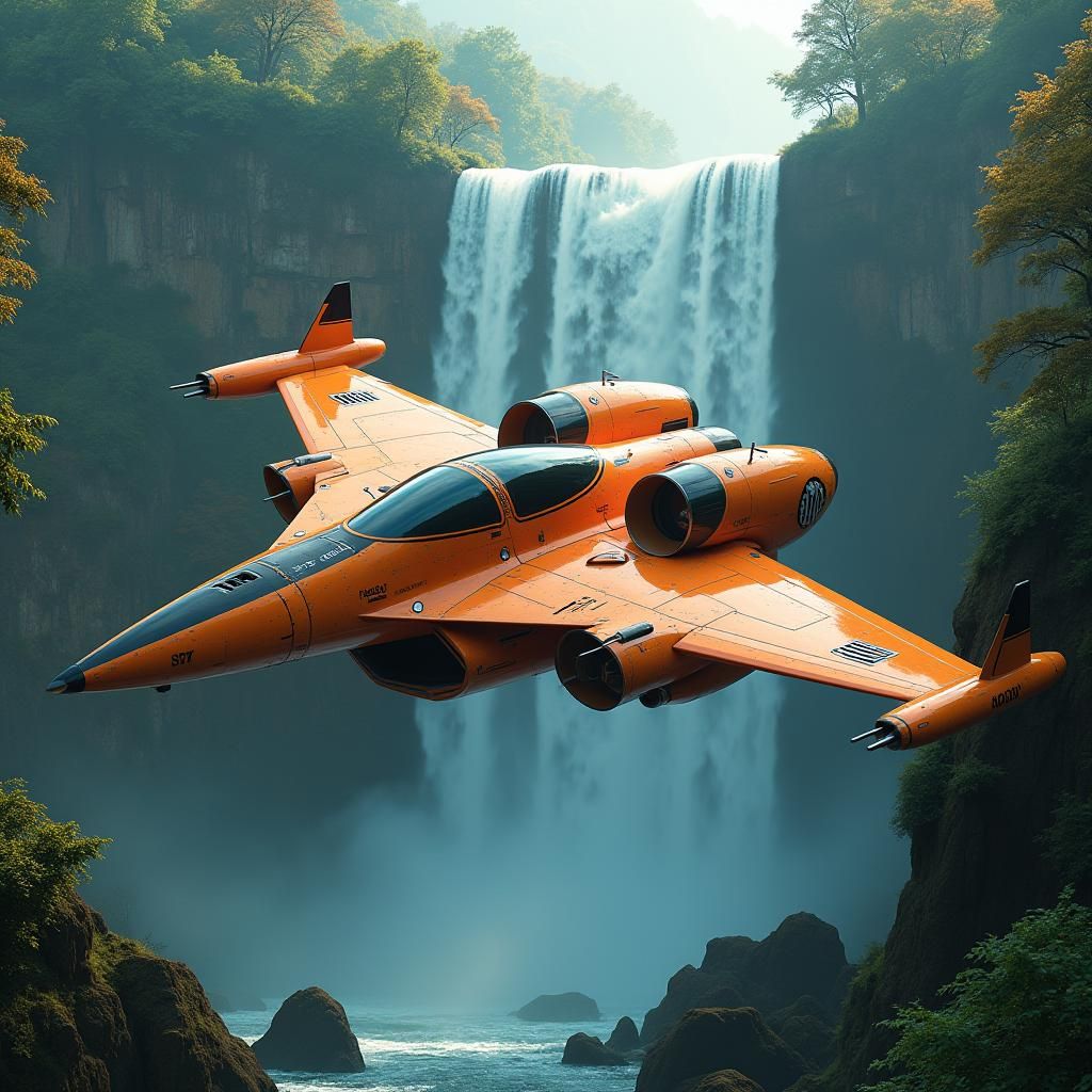 Futuristic Spacecraft over Waterfall as Detailed Matte Paint...
