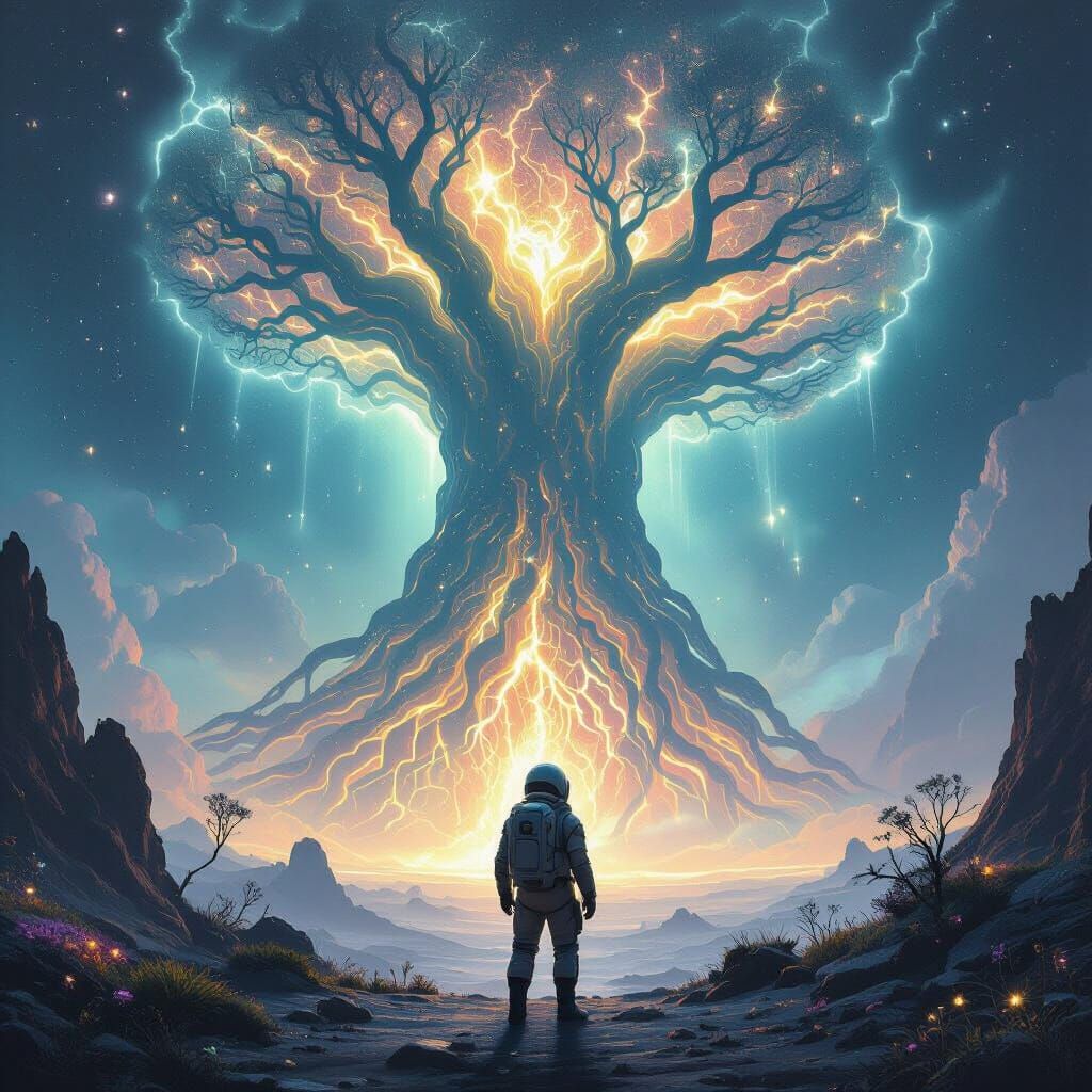 Astronaut Gazes at Cosmic Tree Nebula on Alien World