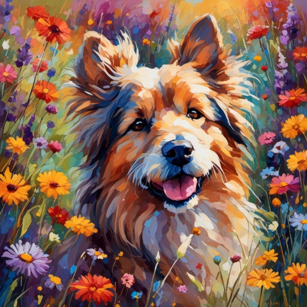 Fluffy Dog in Art Nouveau Flower Field