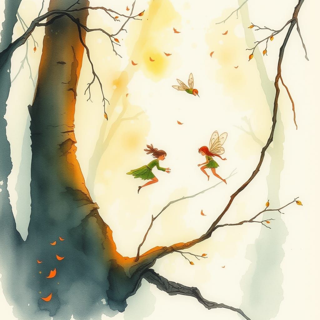 Fall Fairies in Warm Light, Stylized Watercolor