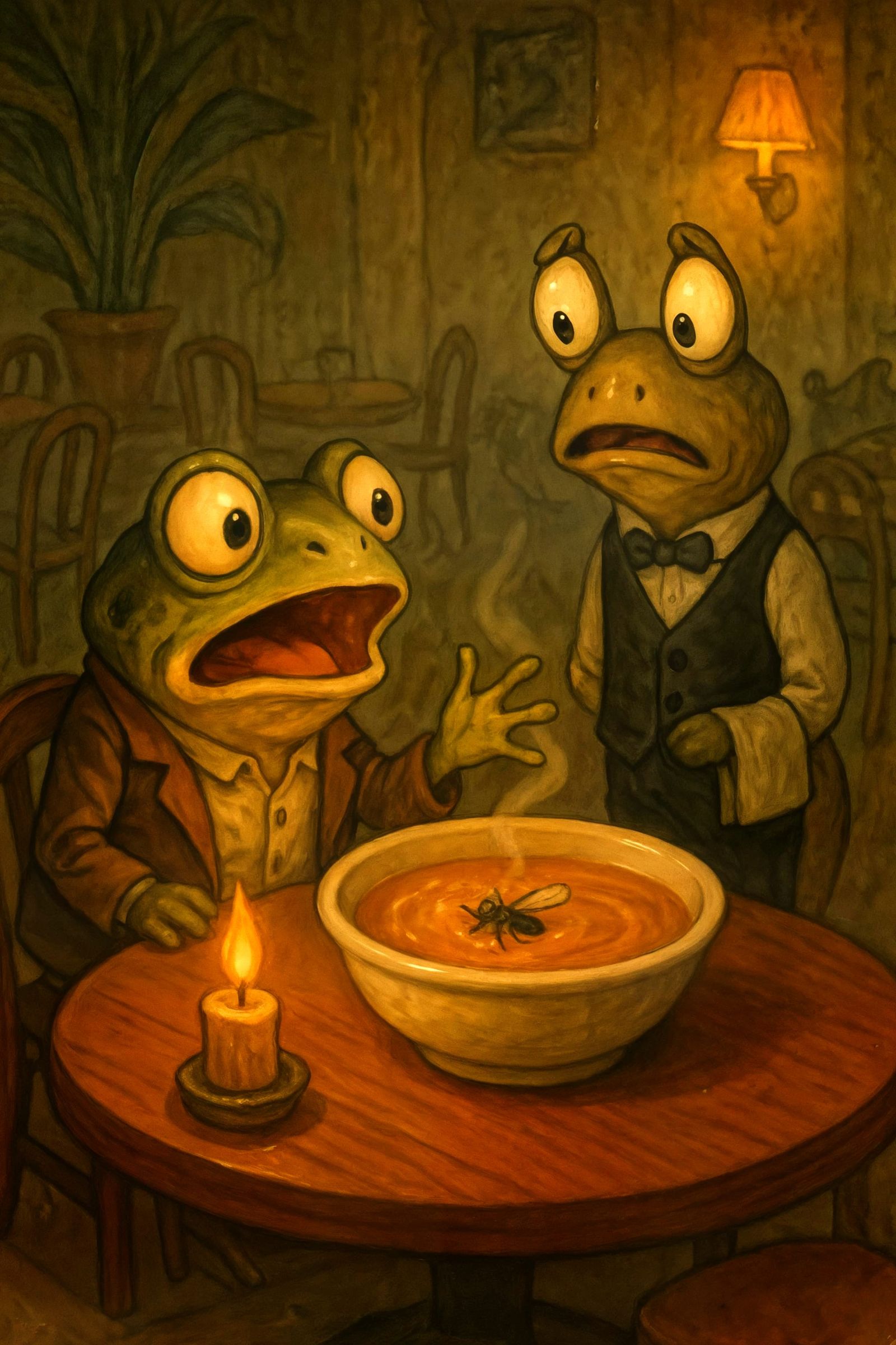 Frog Finds Fly in Soup, Cozy Restaurant Scene