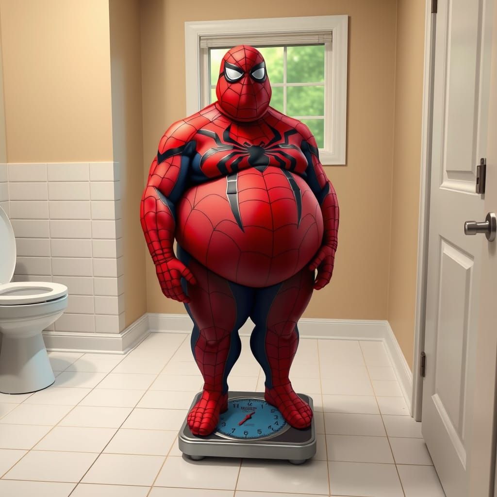 Chubby Spider-Man on a Scale in Bathroom