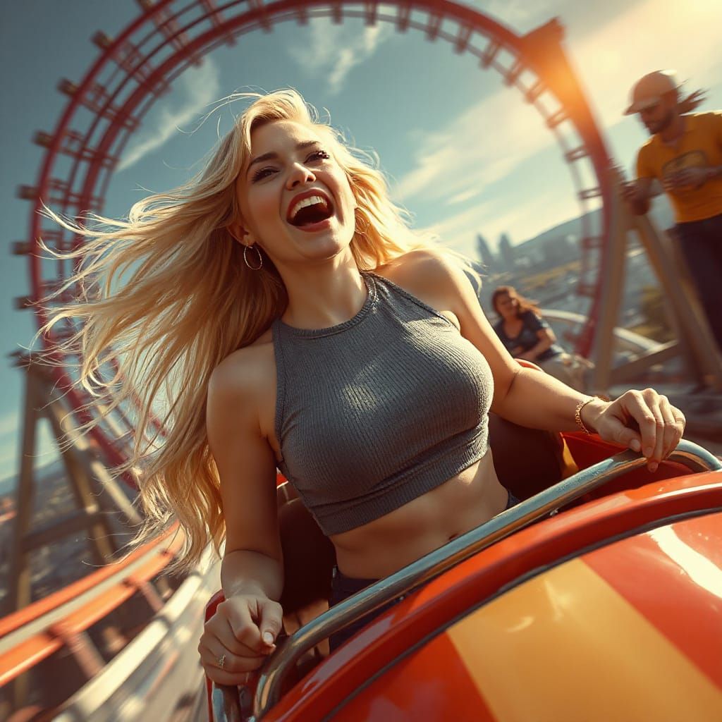 Excited Blonde Woman on Roller Coaster in Futuristic Style