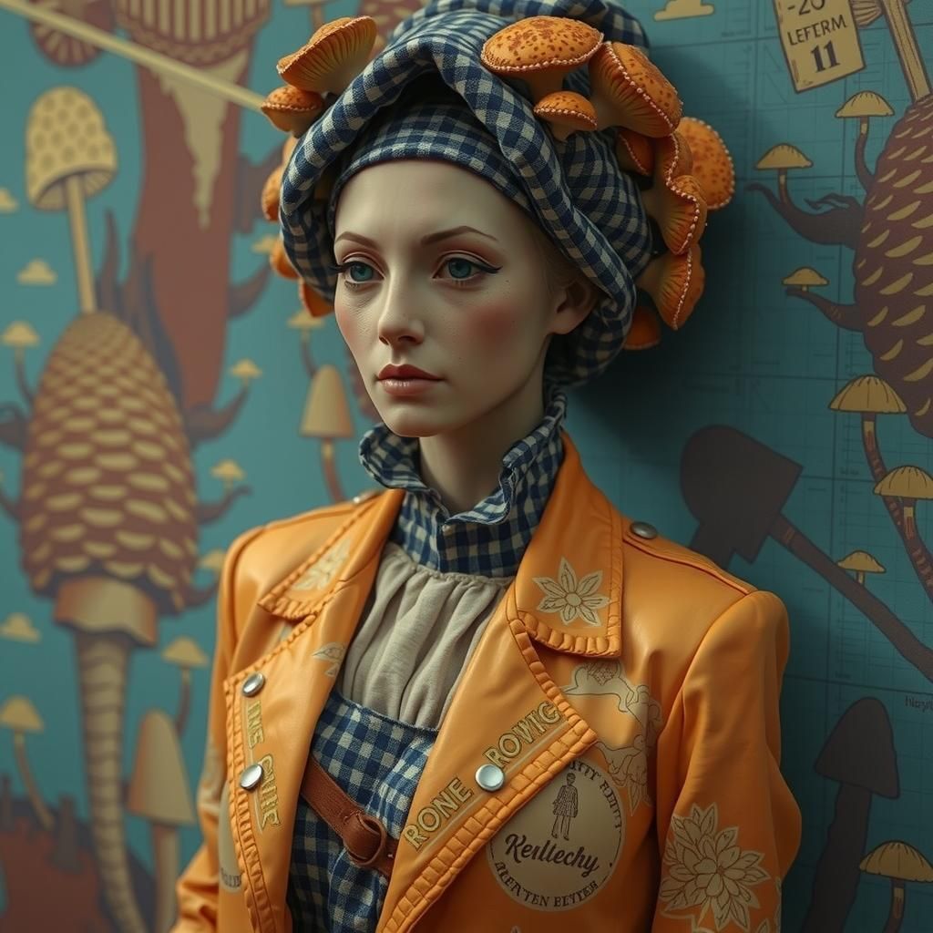 Dreamlike Mushroom Harvesters in Linocut Style