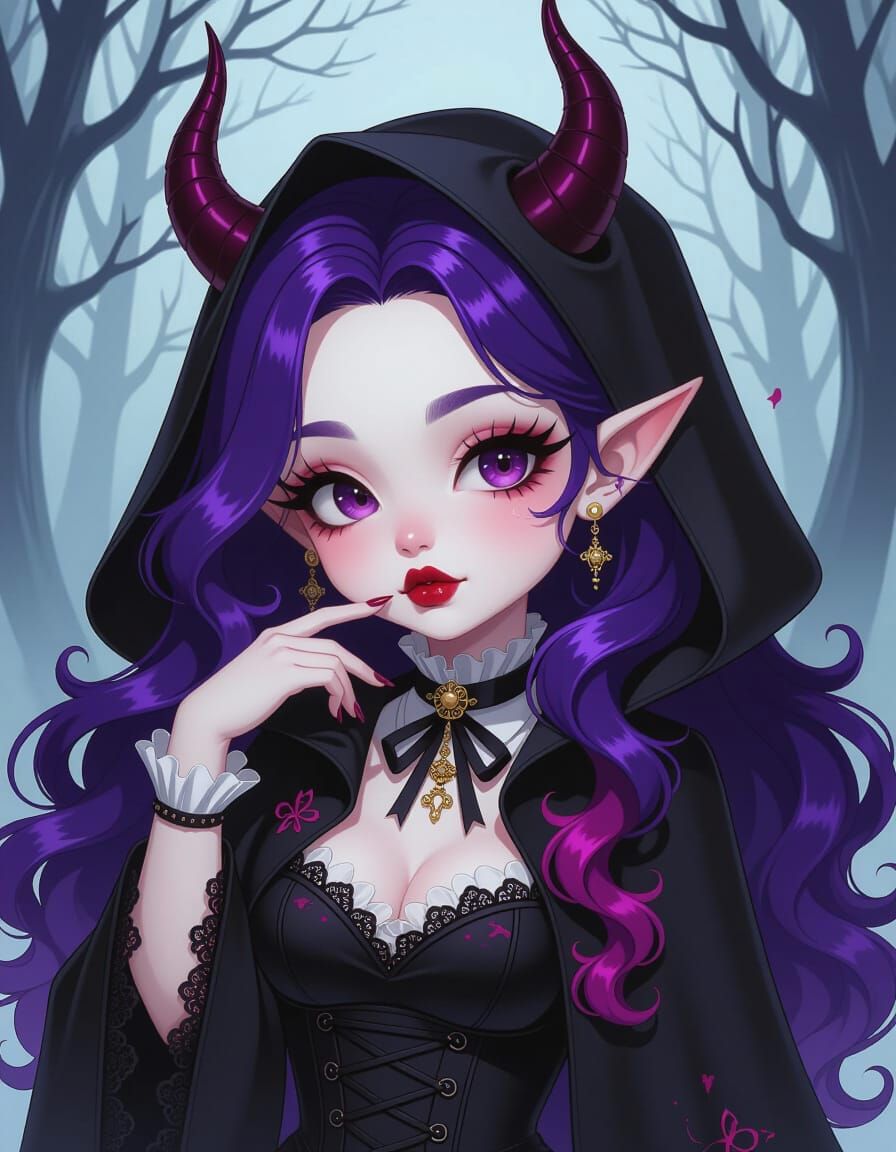 Cute, pouty, devilish kawaii anime waifu, Yokai Kaiju hybrid...