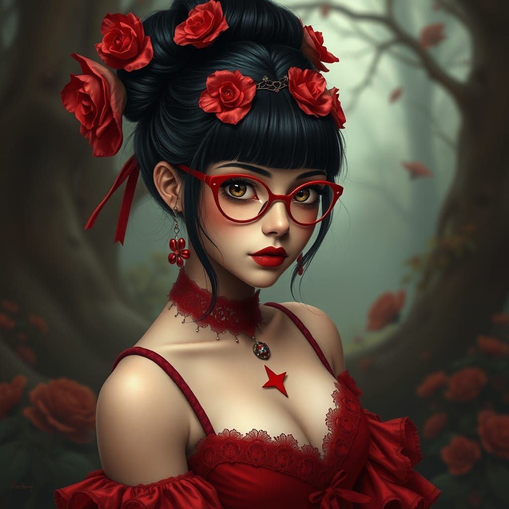 Steampunk Beauty in Red Dress with Rose Crown