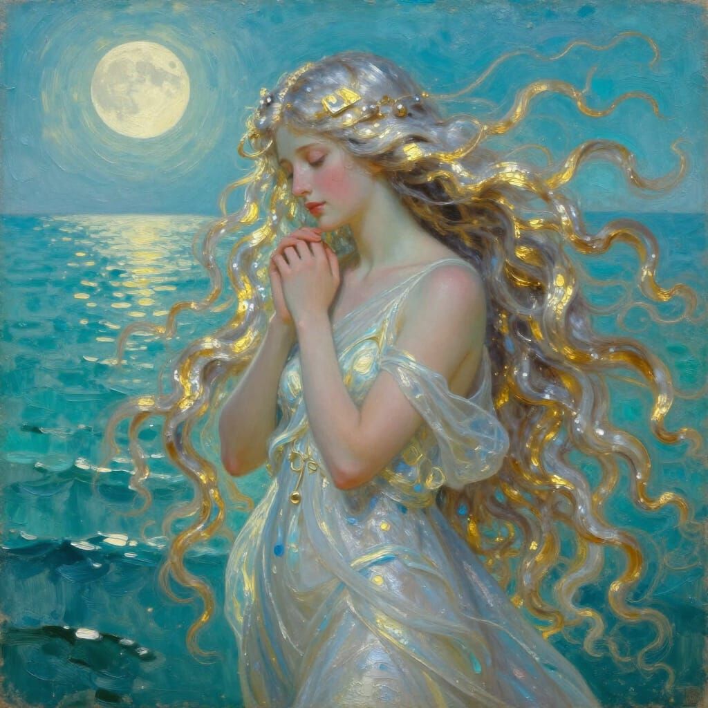 Serene Goddess of Silence on Sparkling Ocean in Oil Painting...
