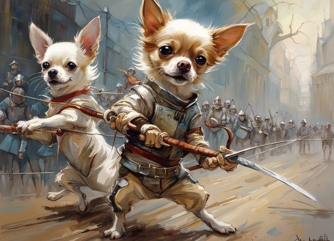 Chihuahua and Husky Fencing at the Olympics