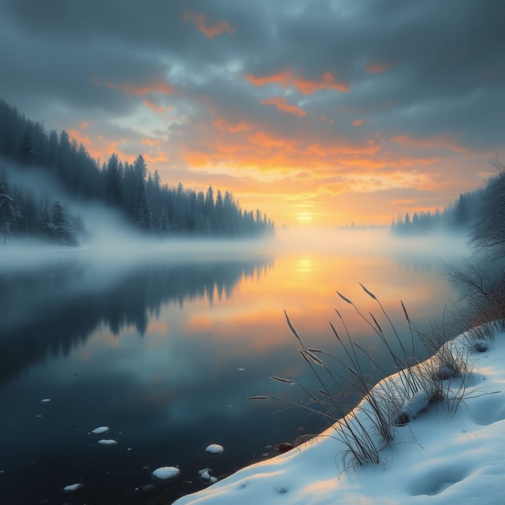 Ethereal Winter Lake at Sunset in Dark Fantasy Style