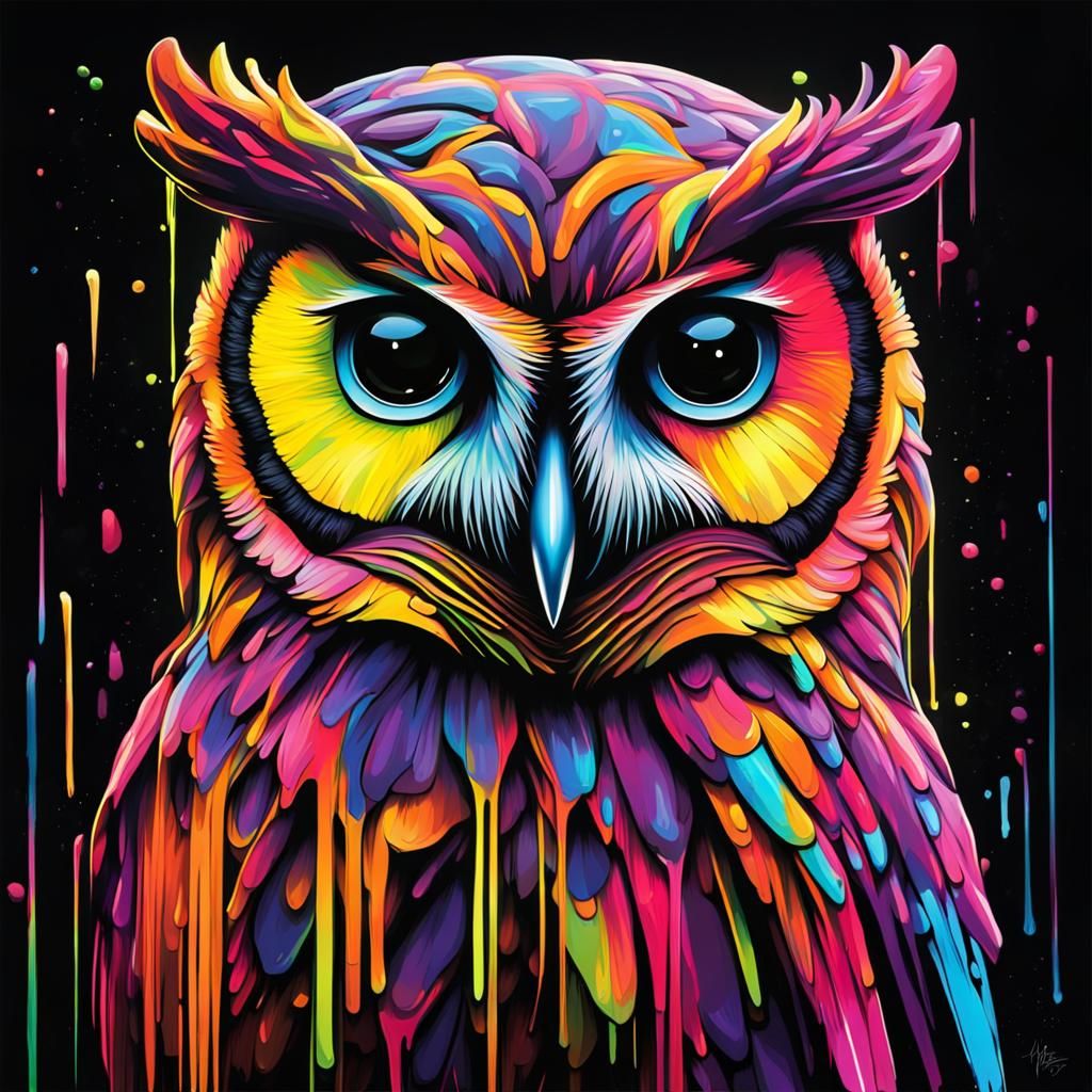 Neon Owl Graffiti Art in Hyperrealism
