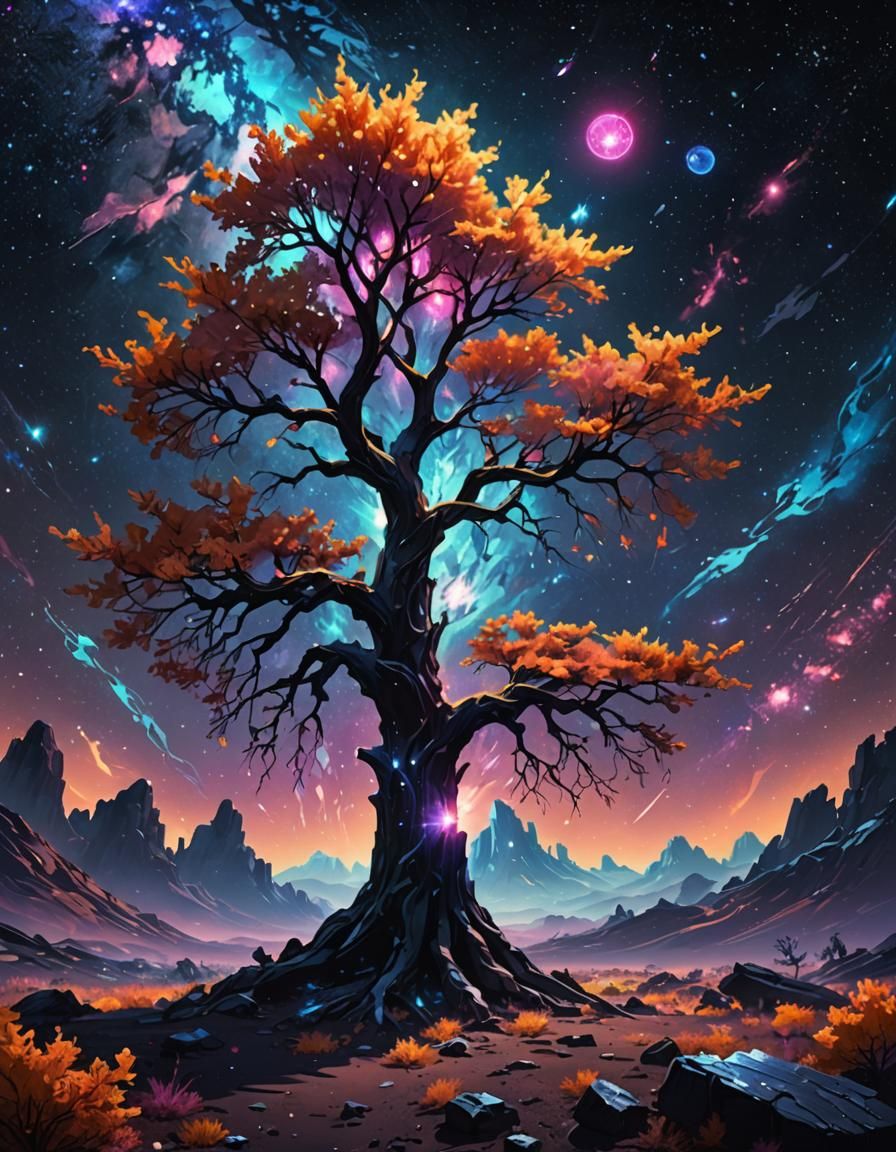 Crystalline Tree on Dark Planet: Cosmic Concept Art