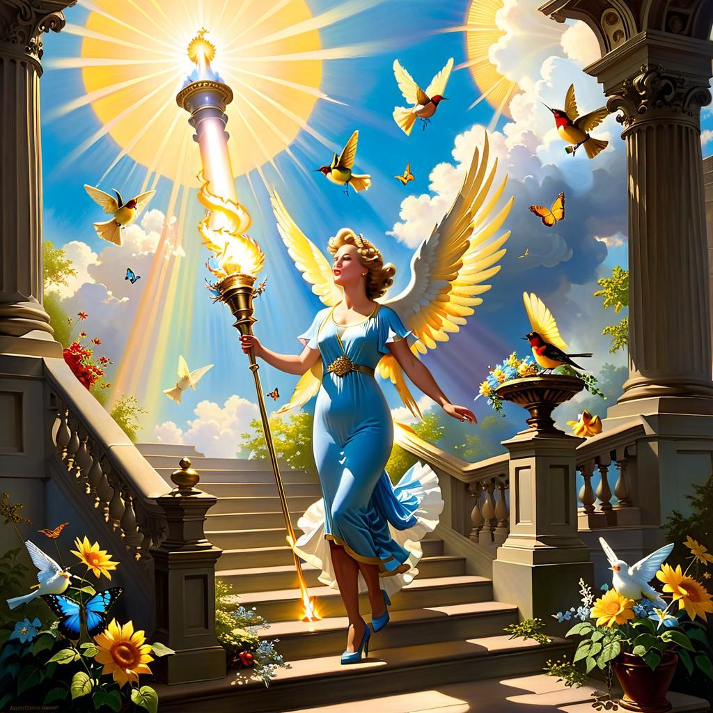Radiant Angel Descending Staircase, Oil Painting Style