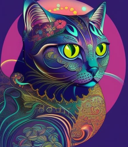 Psychedelic Vector Cat in Art Nouveau Style