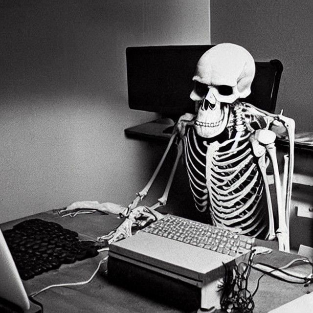 Humorous Skeleton Waiting for Software Update