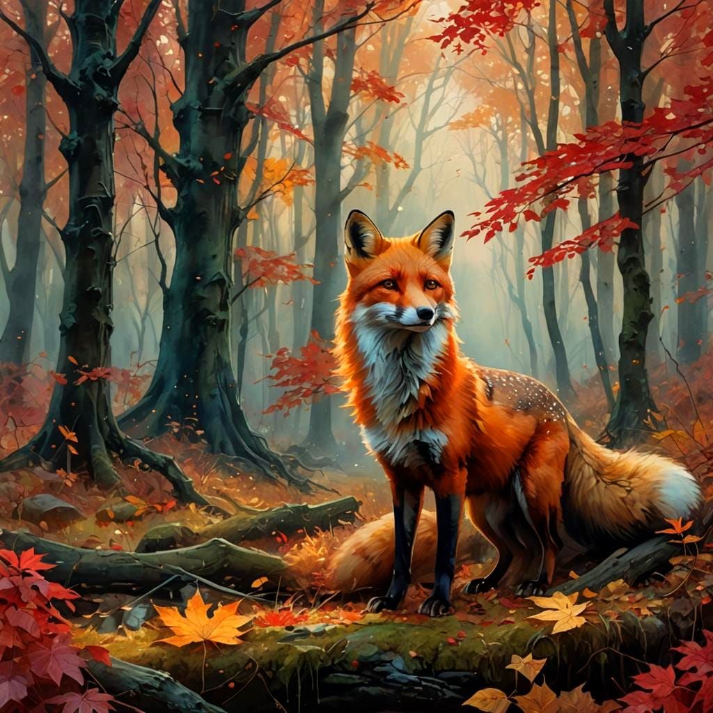 Mystical Red Fox in Autumn Woods, Watercolor Style
