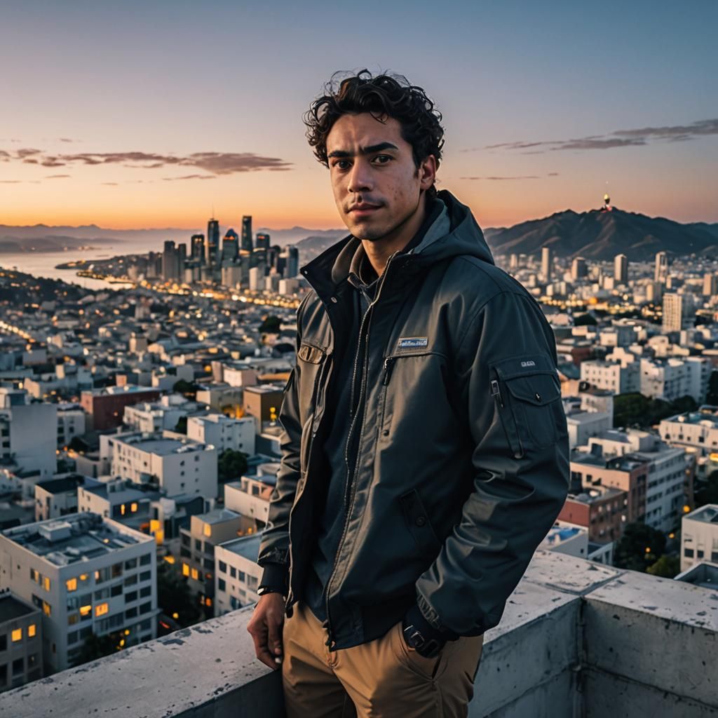 Man on Building at Twilight, Character Photography
