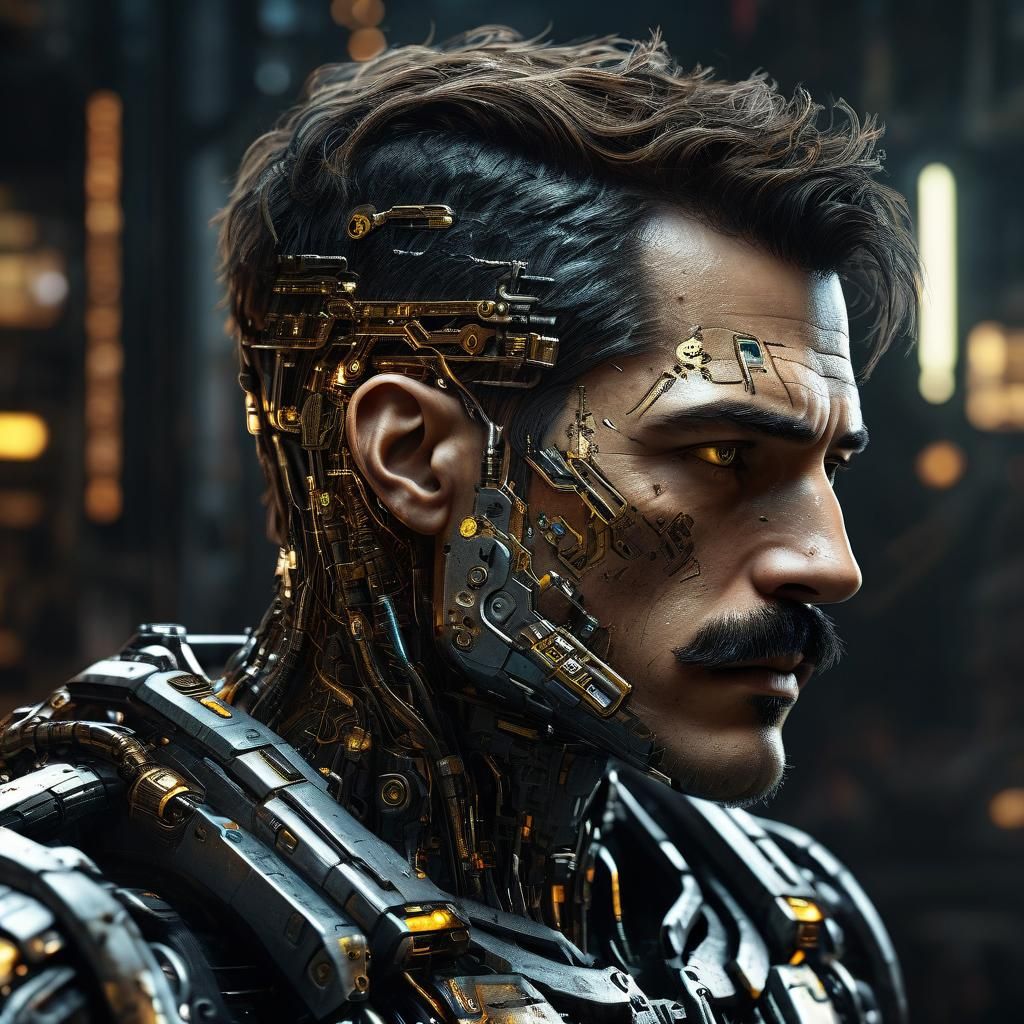 Cyberpunk Cyborg Portrait in Metallic Cockpit