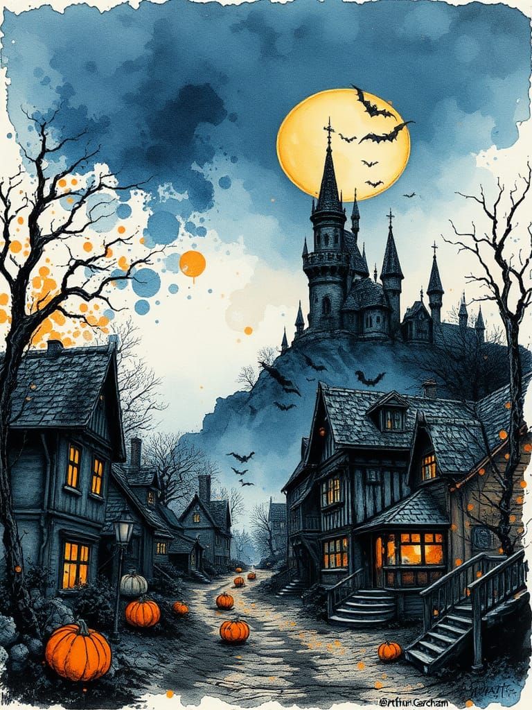 Halloween Fairytale Village in Ink and Watercolor