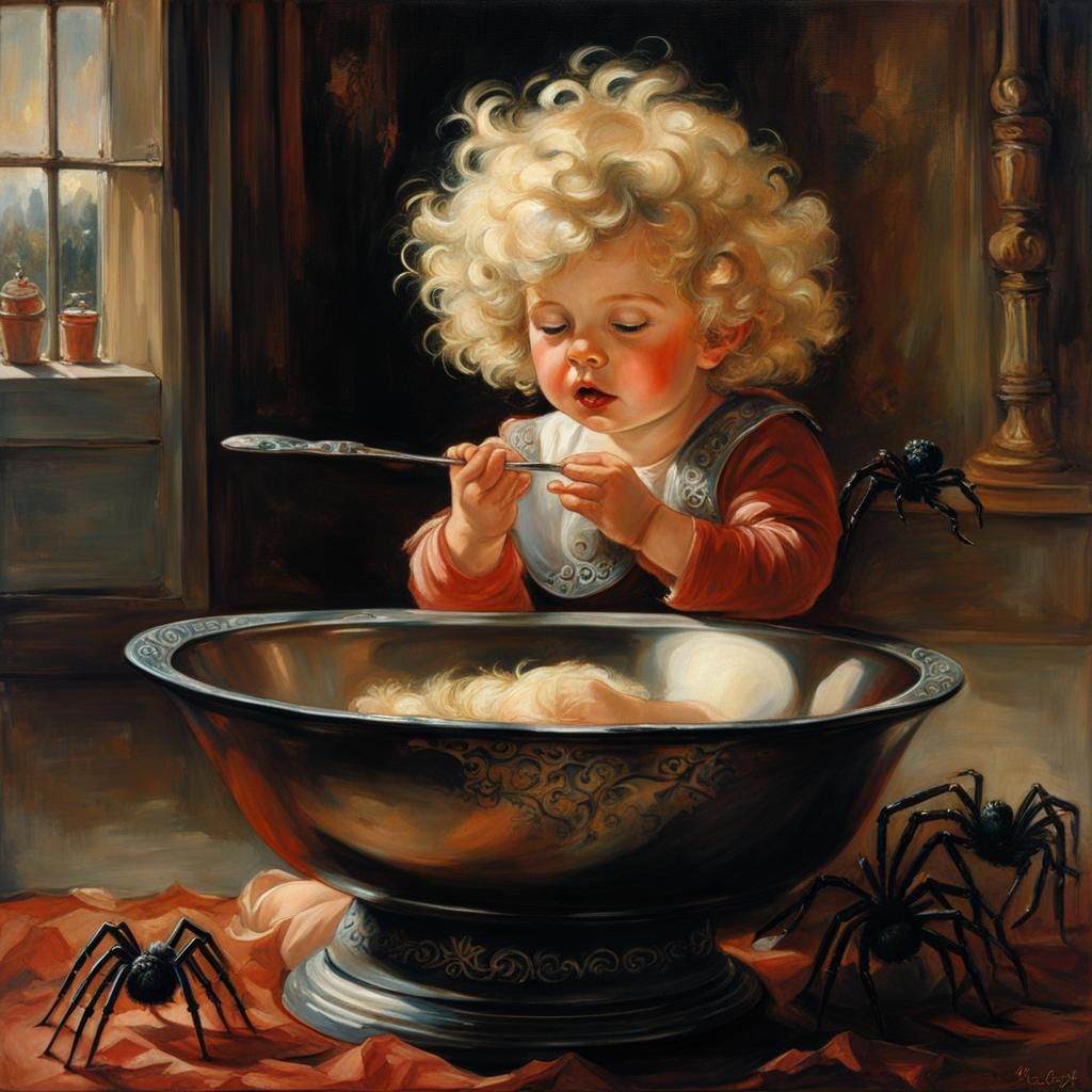 Terrified Toddler and Spider in Gothic Setting