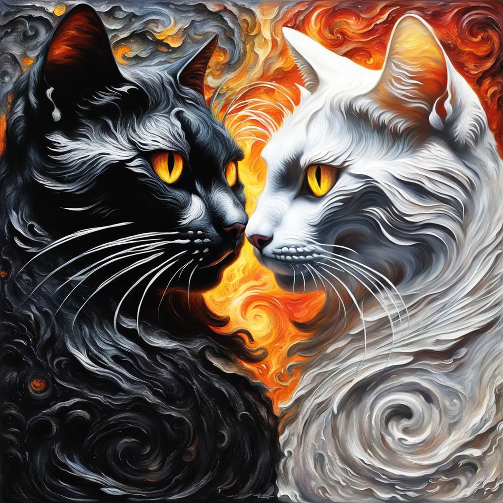 Yin and Yang Cats in Impasto Style