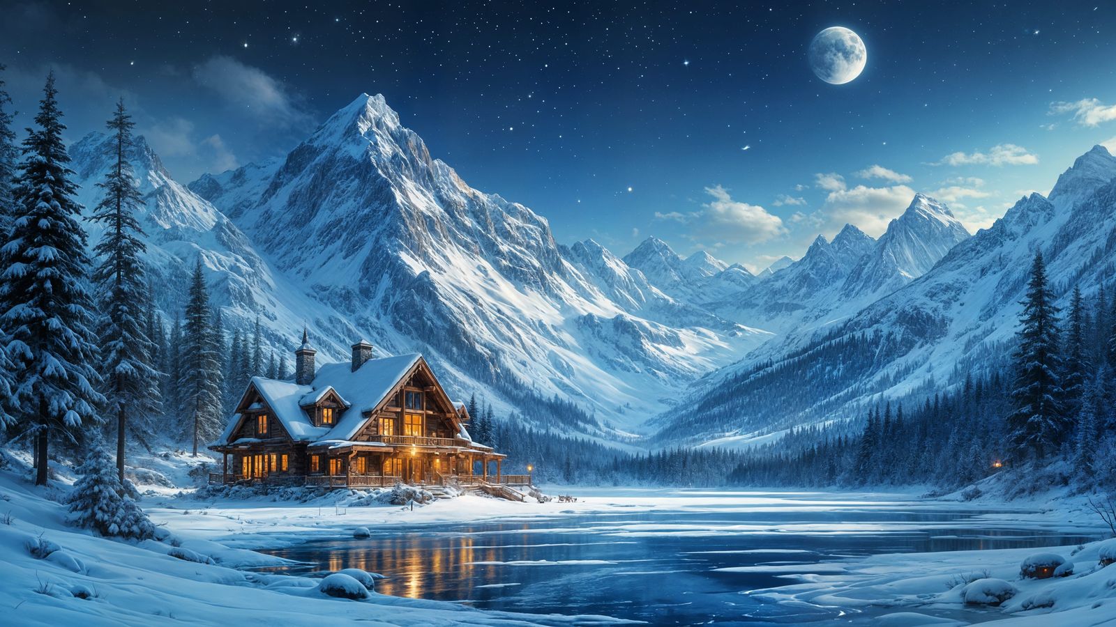Majestic Winter Mountain Lodge Under Starry Night Sky