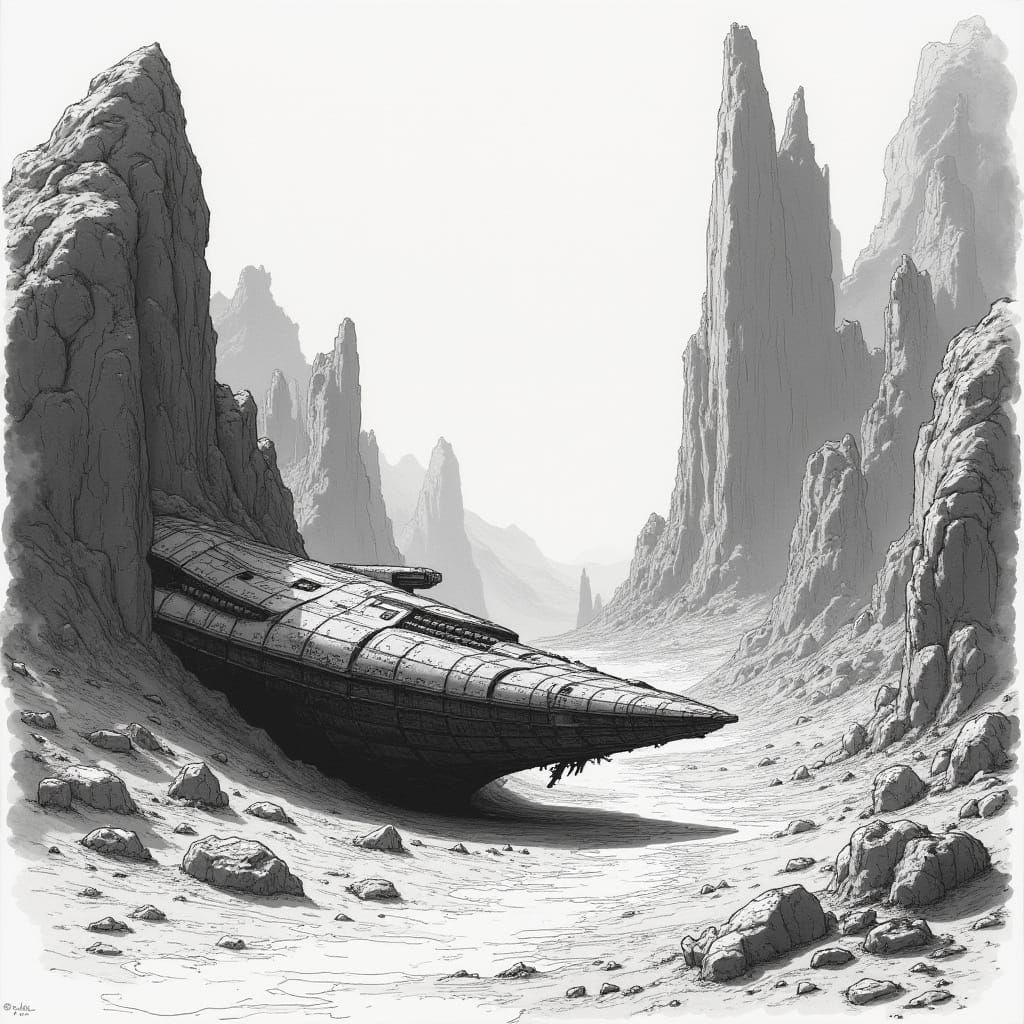 A desert canyon concealing a half-buried alien starship shaped like an ancient ziggurat — hard-surface sci-fi concept in...