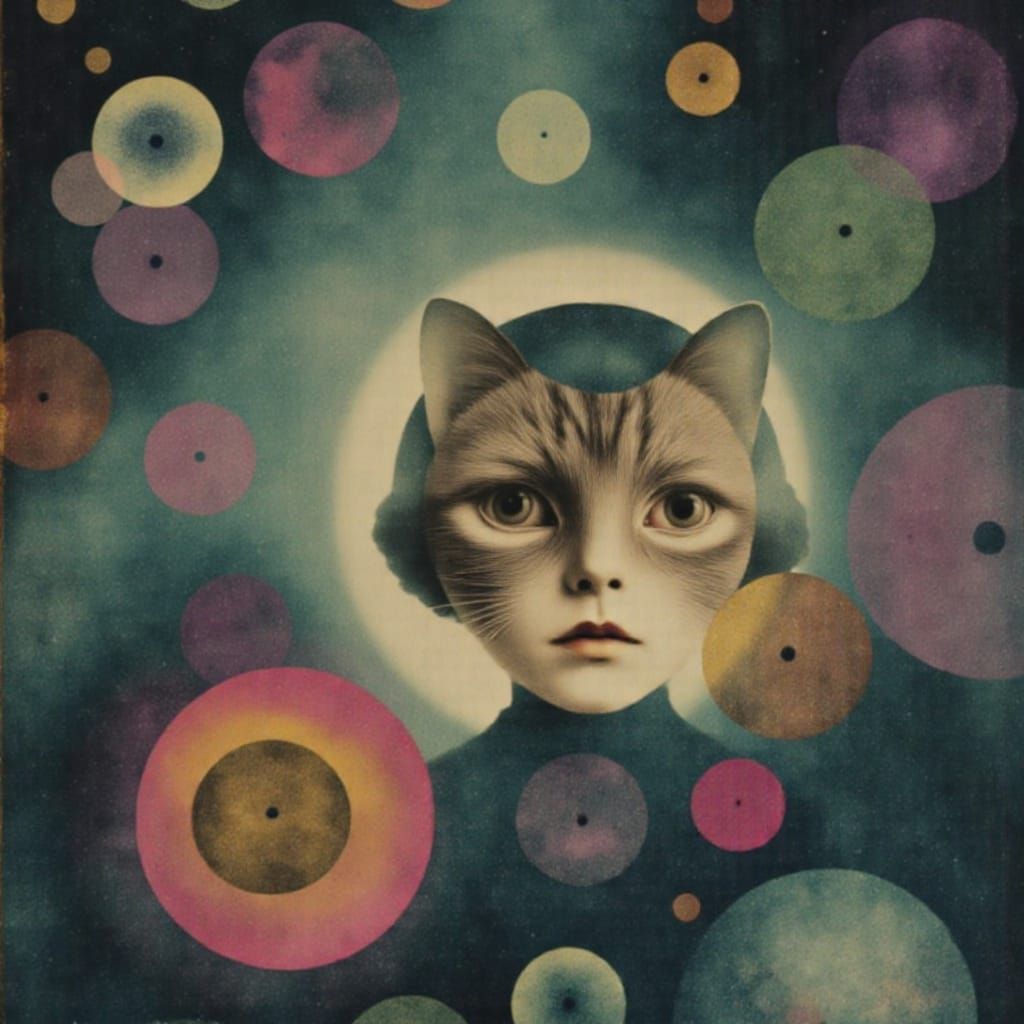 Tabby Cat Gazes into Cosmic Rift in Gouache Watercolor Style