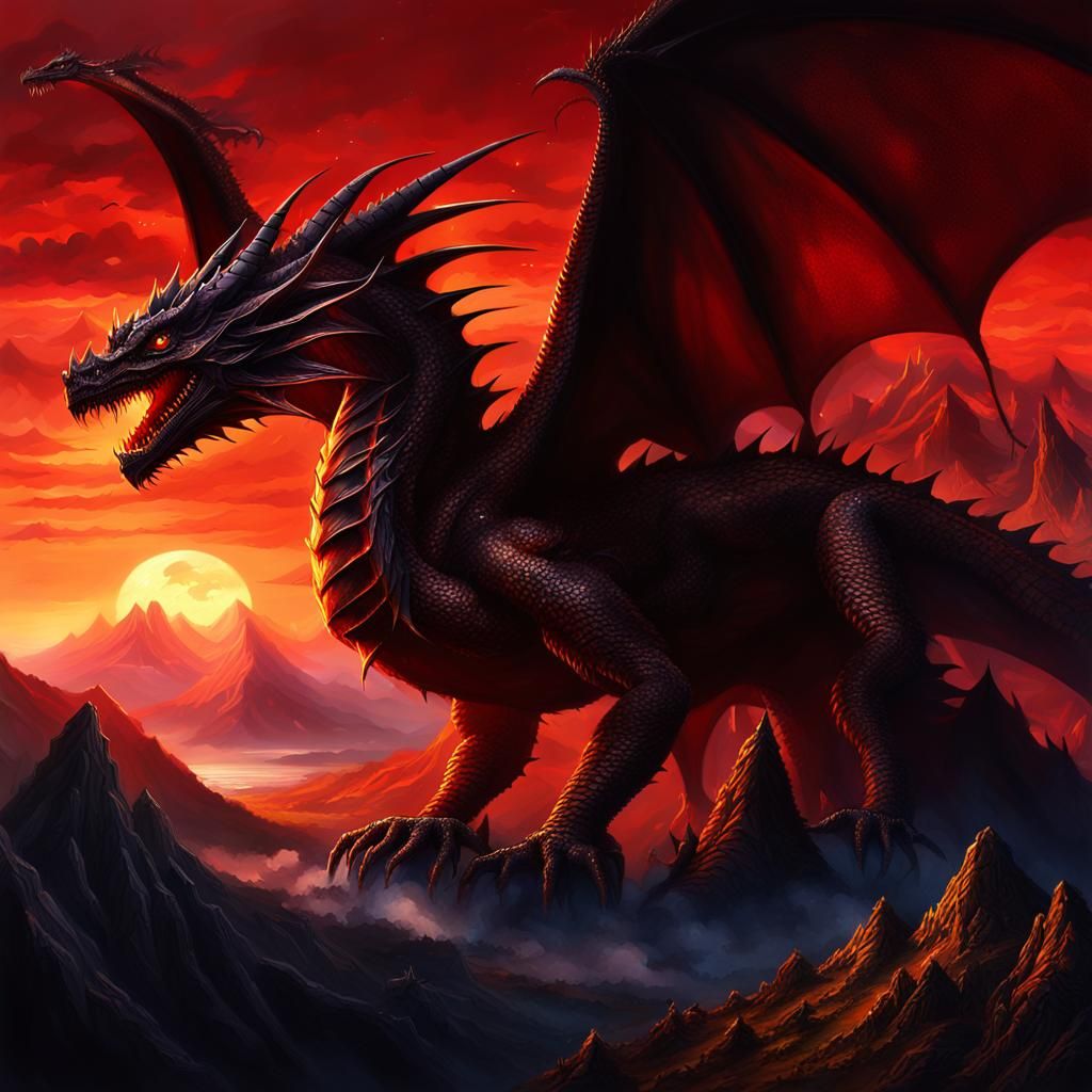 Mystical Black Dragon on Island Mountain at Dawn
