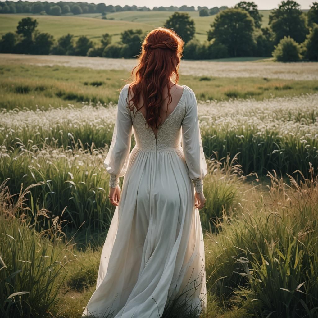 Serene Horse Field: Woman in White Gown