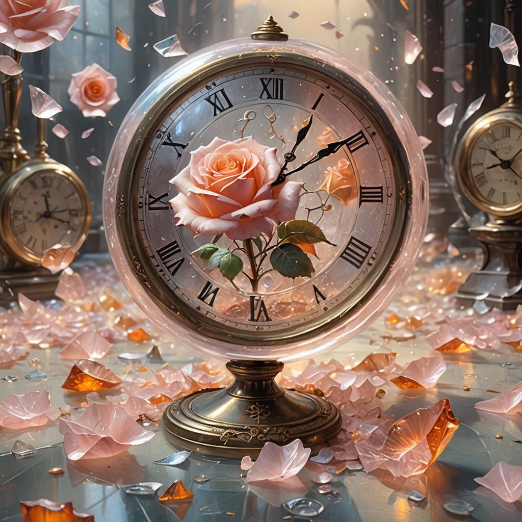 Ethereal Glass Rose with Clocks, Hyperdetailed Fantasy