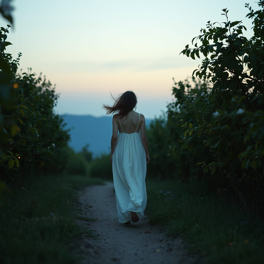 Ethereal Woman Walking at Golden Sunset, Hyperrealistic Styl...