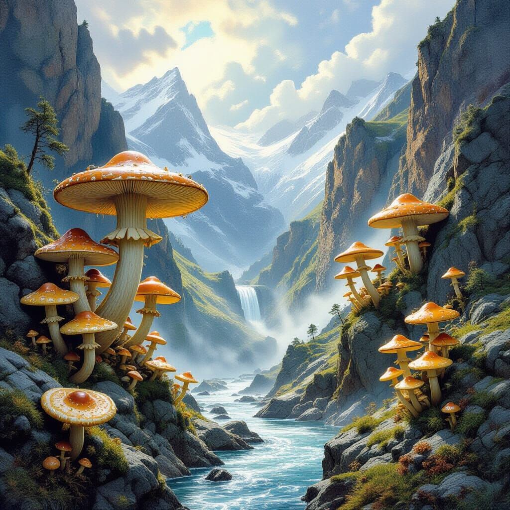 Surreal Toadstools in Valley with Waterfall, Fantasy Illustr...