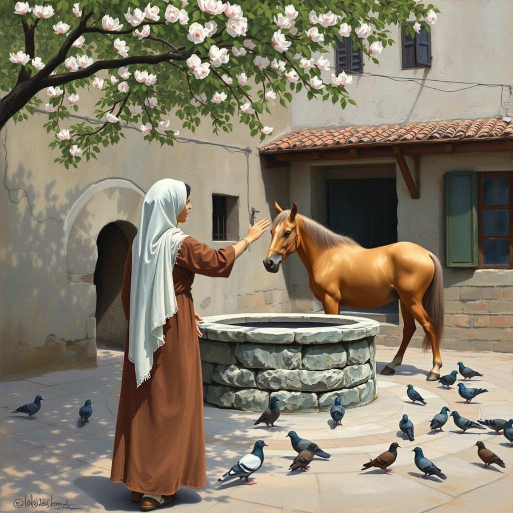 Impressionist Rural Scene: Woman, Horse, and Well