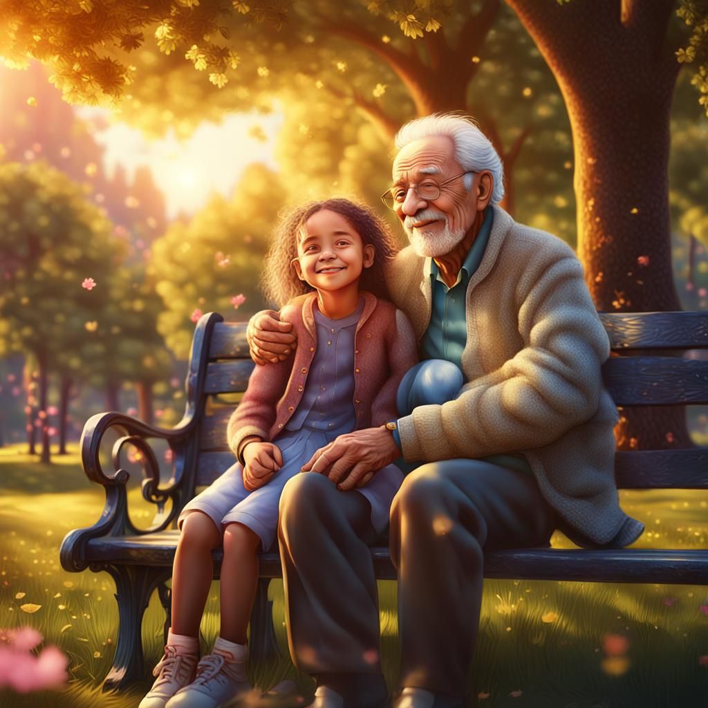 Elderly Man and Girl in Park: Matte Painting