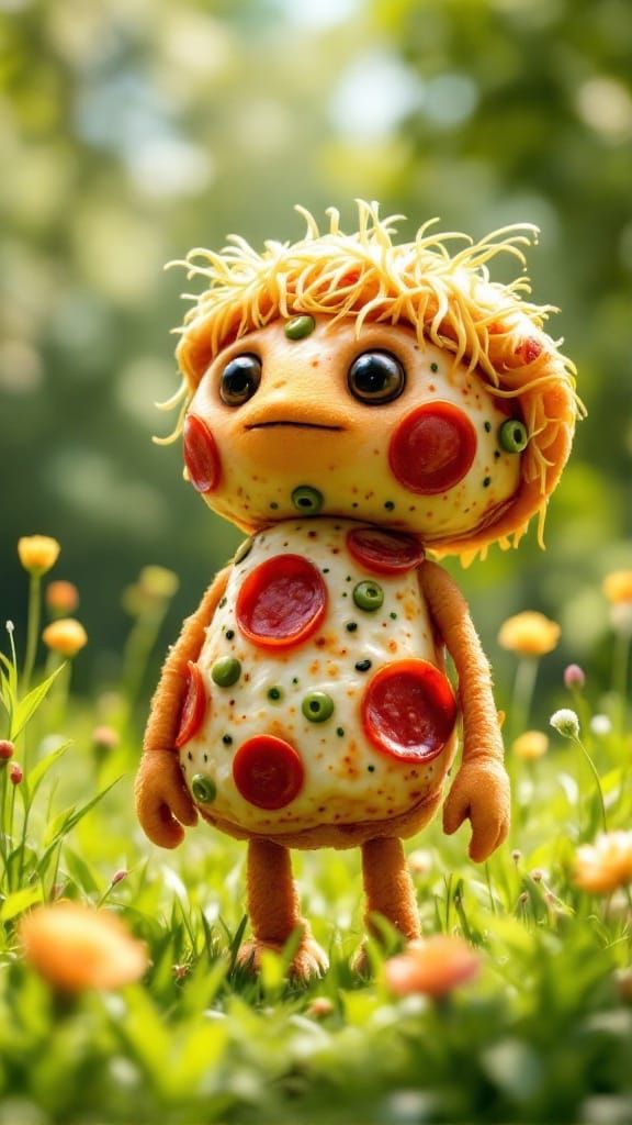Pizza Topping Character in Meadow, Children's Book Style